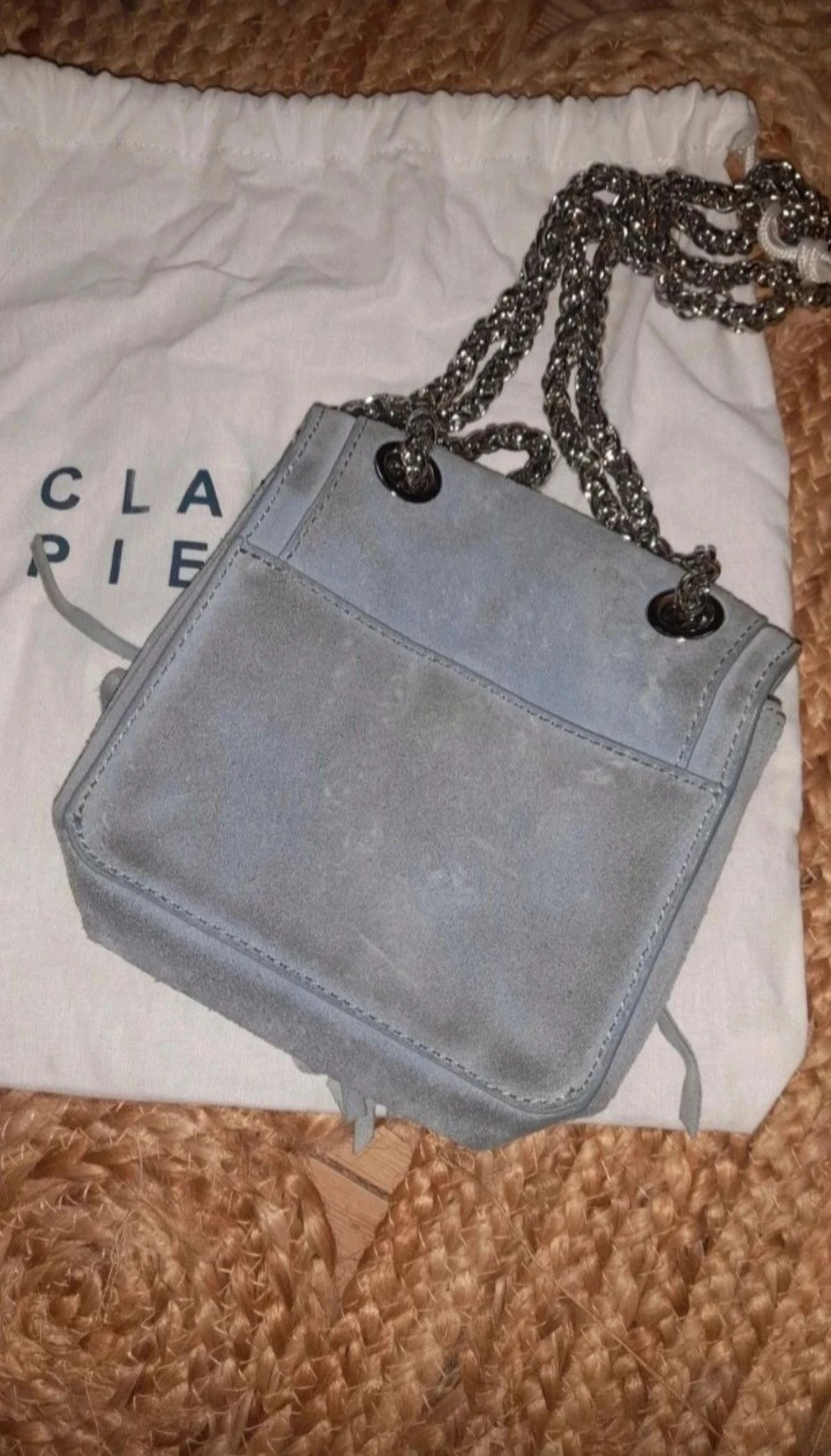 Small Claudie Pierlot blue deerskin bag with fringes Angela model model model – photo 8
